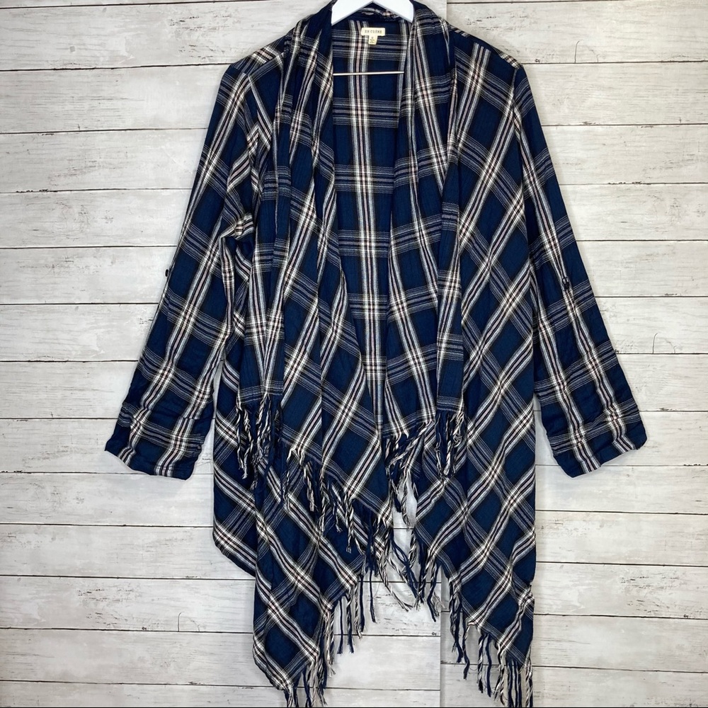 En Creme Fringe Plaid Open Cardigan